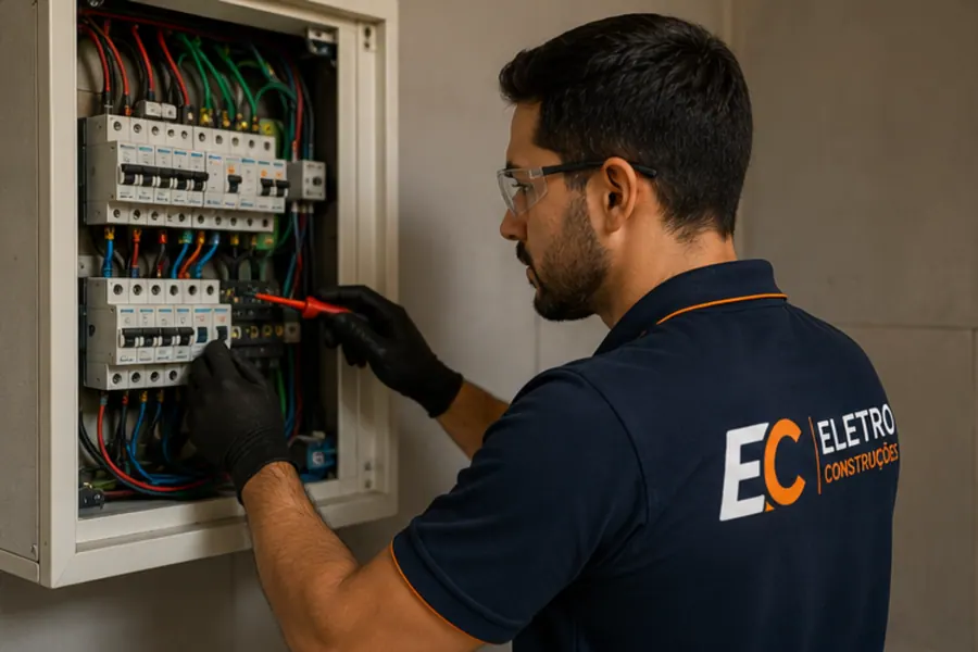 Técnico da EC Eletro Construções realizando serviço em quadro elétrico