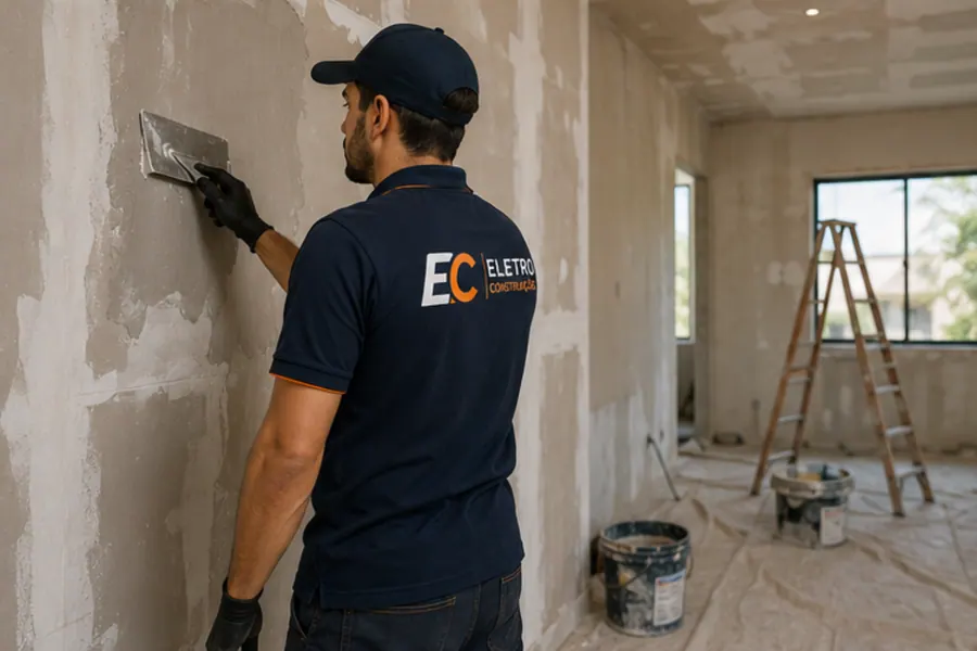 Técnico da EC Eletro Construções em obra de reforma residencial